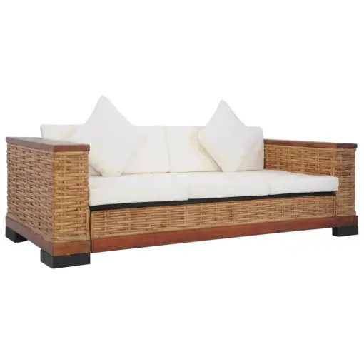 vidaXL 3-Seater Sofa with Cushions Brown Natural Rattan