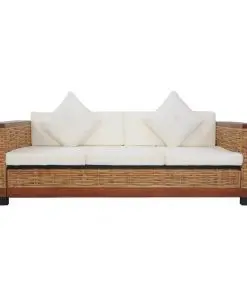 vidaXL 3-Seater Sofa with Cushions Brown Natural Rattan