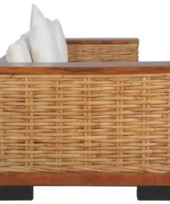 vidaXL 3-Seater Sofa with Cushions Brown Natural Rattan