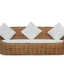 vidaXL 3-Seater Sofa with Cushions Natural Rattan