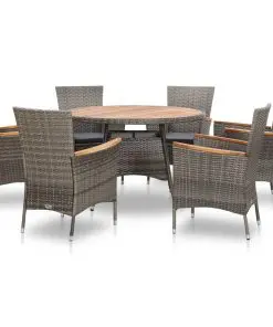 vidaXL 7 Piece Outdoor Dining Set Poly Rattan Acacia Wood Grey