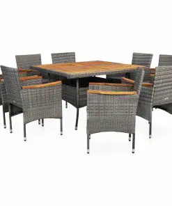 vidaXL 9 Piece Outdoor Dining Set Grey Poly Rattan and Acacia Wood