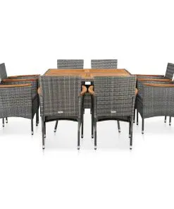 vidaXL 9 Piece Outdoor Dining Set Grey Poly Rattan and Acacia Wood