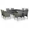 vidaXL 9 Piece Outdoor Dining Set Grey Poly Rattan and Glass