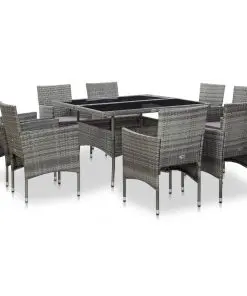 vidaXL 9 Piece Outdoor Dining Set Grey Poly Rattan and Glass