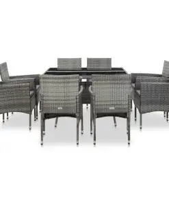 vidaXL 9 Piece Outdoor Dining Set Grey Poly Rattan and Glass