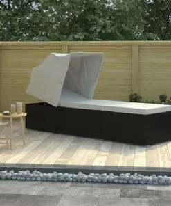 vidaXL Sun Lounger with Canopy and Cushion Poly Rattan Cream White