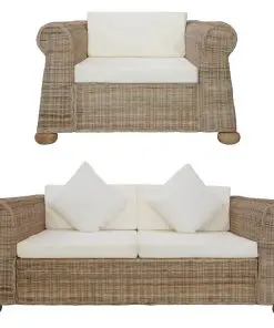 vidaXL 2 Piece Sofa Set with Cushions Natural Rattan