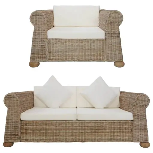 vidaXL 2 Piece Sofa Set with Cushions Natural Rattan