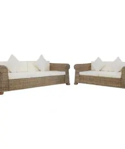 vidaXL 2 Piece Sofa Set with Cushions Natural Rattan