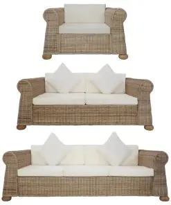 vidaXL 3 Piece Sofa Set with Cushions Natural Rattan