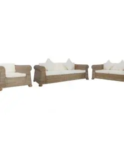 vidaXL 3 Piece Sofa Set with Cushions Natural Rattan