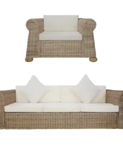 vidaXL 2 Piece Sofa Set with Cushions Natural Rattan