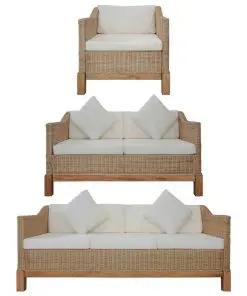 vidaXL 3 Piece Sofa Set with Cushions Natural Rattan