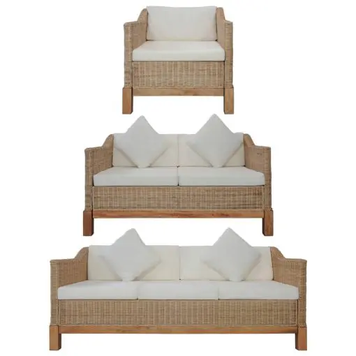 vidaXL 3 Piece Sofa Set with Cushions Natural Rattan