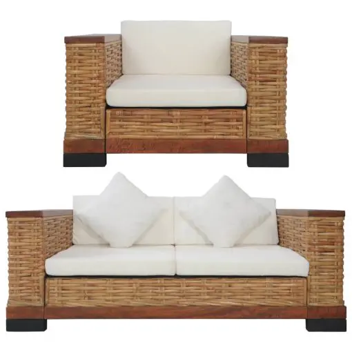 vidaXL 2 Piece Sofa Set with Cushions Brown Natural Rattan