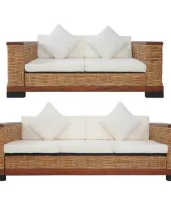 vidaXL 2 Piece Sofa Set with Cushions Brown Natural Rattan