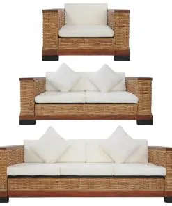 vidaXL 3 Piece Sofa Set with Cushions Brown Natural Rattan