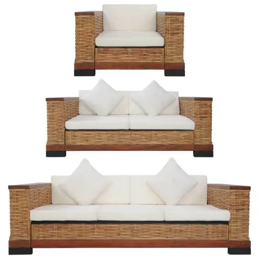 vidaXL 3 Piece Sofa Set with Cushions Brown Natural Rattan