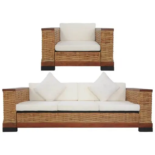 vidaXL 2 Piece Sofa Set with Cushions Brown Natural Rattan