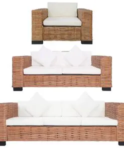 vidaXL 3 Piece Sofa Set with Cushions Natural Rattan