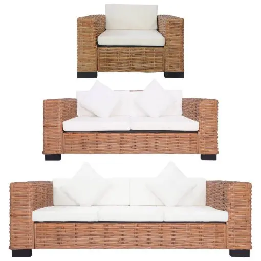 vidaXL 3 Piece Sofa Set with Cushions Natural Rattan