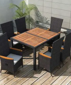 vidaXL 7 Piece Outdoor Dining Set Poly Rattan Acacia Wood Black