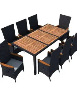 vidaXL 9 Piece Outdoor Dining Set Poly Rattan Acacia Wood Black