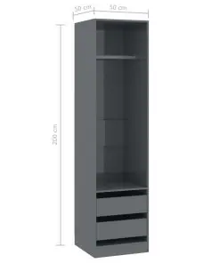 vidaXL Wardrobe with Drawers High Gloss Grey 50x50x200 cm Chipboard