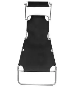 vidaXL Folding Sun Lounger with Canopy Black Aluminium