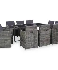 vidaXL 11 Piece Outdoor Dining Set with Cushions Poly Rattan Grey