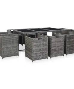vidaXL 11 Piece Outdoor Dining Set with Cushions Poly Rattan Grey