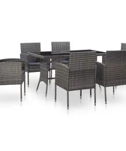 vidaXL 7 Piece Outdoor Dining Set with Cushions Poly Rattan Grey