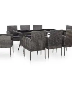 vidaXL 9 Piece Outdoor Dining Set with Cushions Poly Rattan Grey