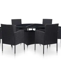 vidaXL 7 Piece Outdoor Dining Set with Cushions Poly Rattan Black