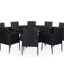 vidaXL 11 Piece Outdoor Dining Set with Cushions Poly Rattan Black