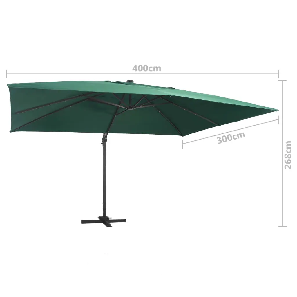 vidaXL Cantilever Umbrella with LED Lights and Aluminium Pole 400×300 cm Green