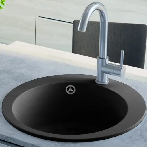 vidaXL Granite Kitchen Sink Single Basin Round Black