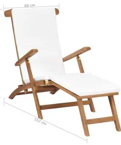 vidaXL Deck Chair with Cushion Cream White Solid Teak Wood