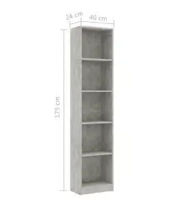 vidaXL 5-Tier Book Cabinet Concrete Grey 40x24x175 cm Chipboard