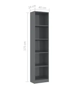 vidaXL 5-Tier Book Cabinet High Gloss Grey 40x24x175 cm Chipboard