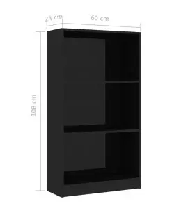 vidaXL 3-Tier Book Cabinet High Gloss Black 60x24x108 cm Chipboard