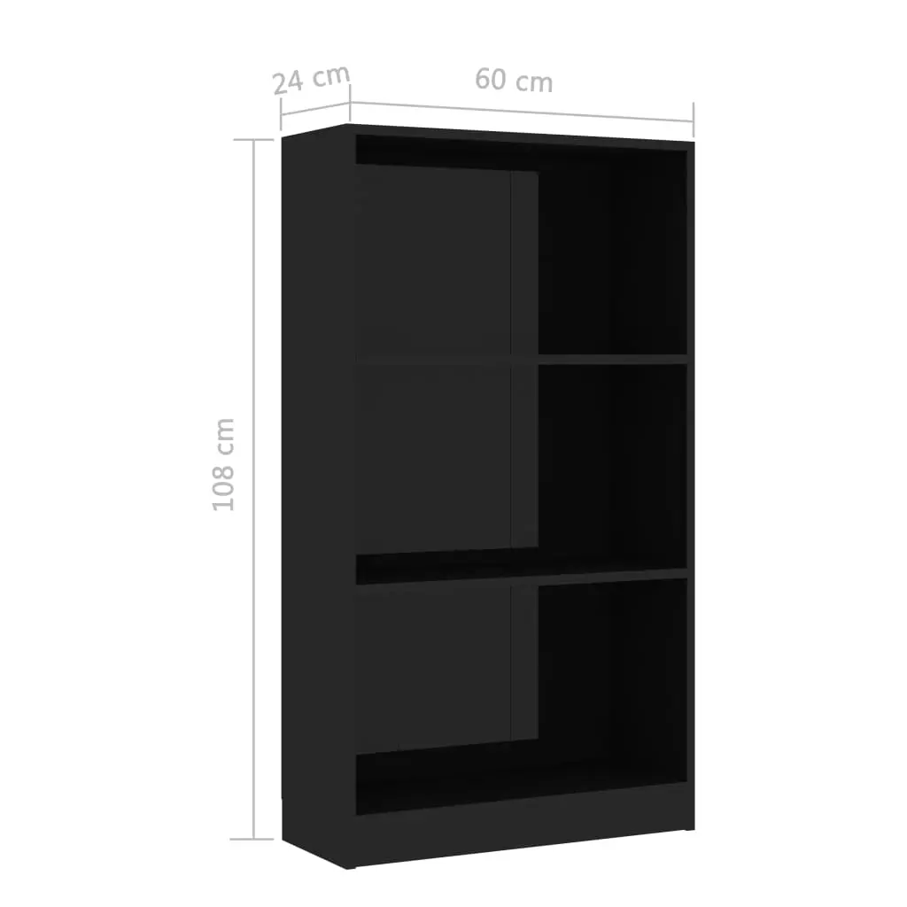 vidaXL 3-Tier Book Cabinet High Gloss Black 60x24x108 cm Chipboard