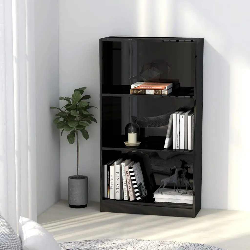 vidaXL 3-Tier Book Cabinet High Gloss Black 60x24x108 cm Chipboard