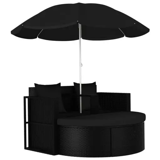 vidaXL Garden Bed with Parasol Poly Rattan Black