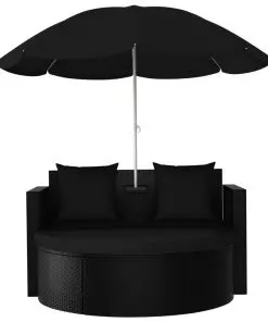 vidaXL Garden Bed with Parasol Poly Rattan Black