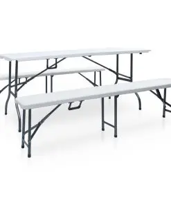 vidaXL Folding Garden Table with 2 Benches 180 cm Steel and HDPE White