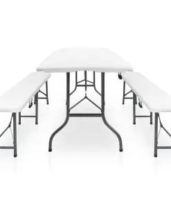 vidaXL Folding Garden Table with 2 Benches 180 cm Steel and HDPE White