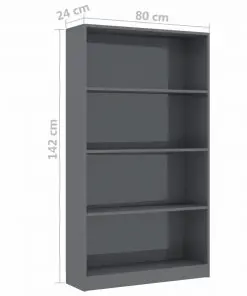 vidaXL 4-Tier Book Cabinet High Gloss Grey 80x24x142 cm Chipboard