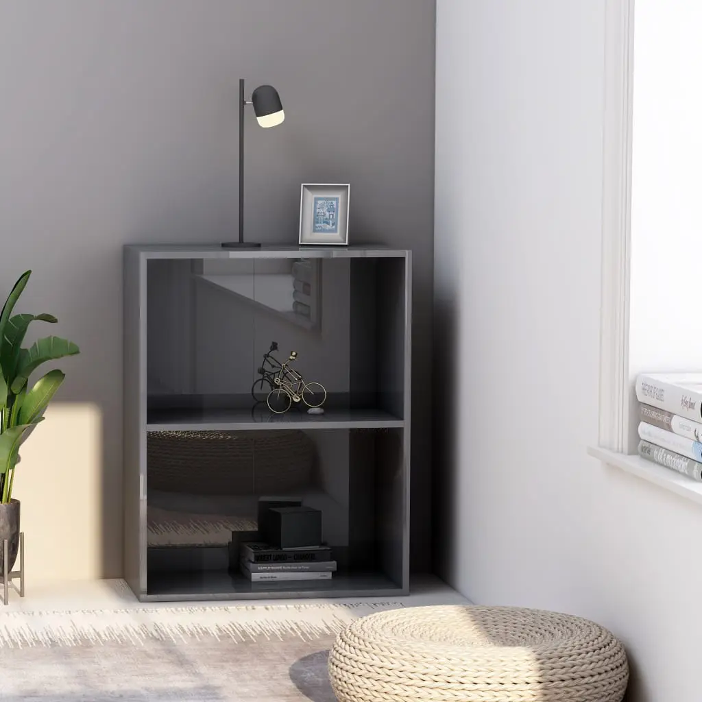 vidaXL 2-Tier Book Cabinet High Gloss Grey 60x30x76.5 cm Chipboard